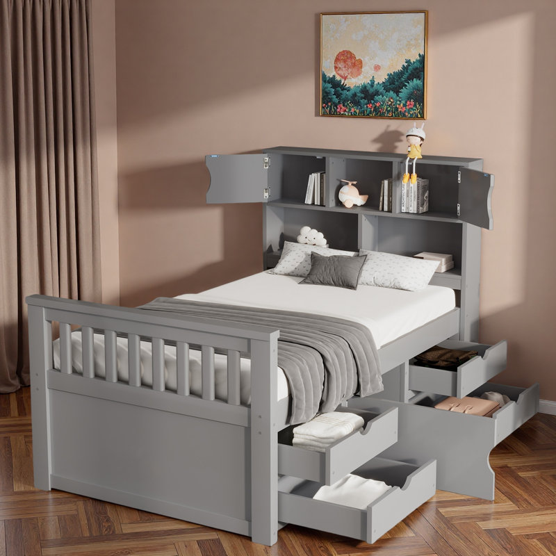 Lit plateforme avec tête de lit, compartiments de rangement et 4 tiroirs, Gris