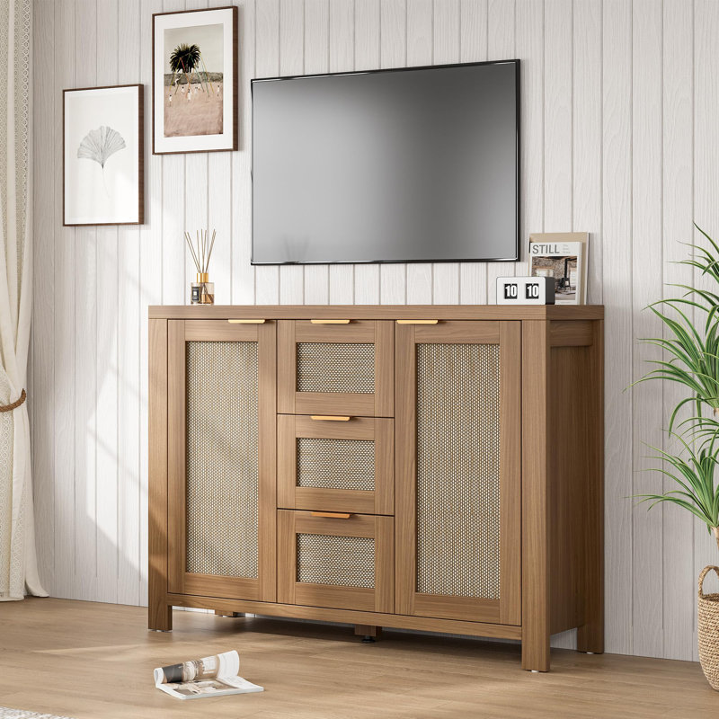 Rattan Buffet Sideboard Cabinet, Coffee Bar Cabinet with 3 Drawers, Boho Kitchen Accent Storage Cabinet  for Dining Room, Living Room, Entryway, Light / Dark Oak