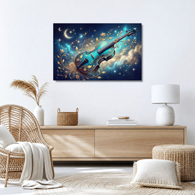 Tableau sur toile représentant un violon turquoise orné de lianes florales dorées sous un ciel étoilé, 16"H x 24"W