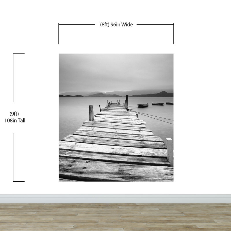 Murale «Misty Lake View with Boat on Pier», l 96 po x L 108 po