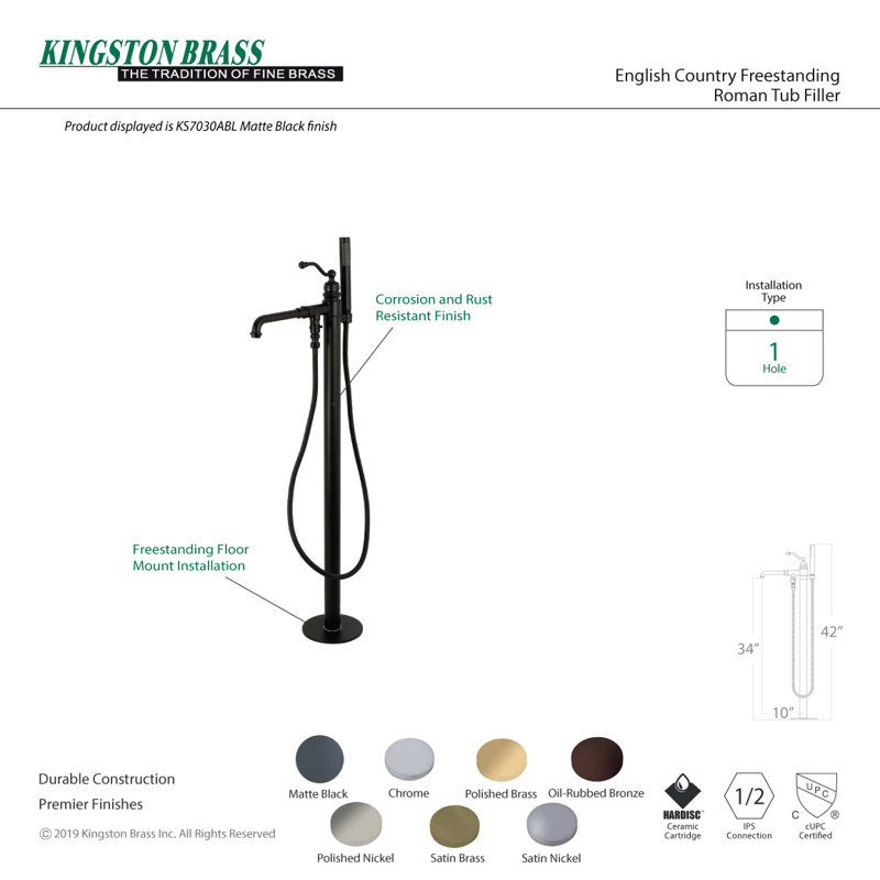 Kingston Brass English Country Single-Handle 1-Hole Freestanding Tub Faucet with Hand Shower, Satin Brass