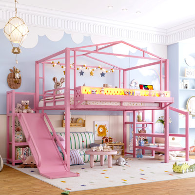 Lit mezzanine double avec escalier de rangement, tablettes et garde-robe intégrée, structure de lit mezzanine en métal avec ports USB et lumières DEL, conception à bruit réduit, rose