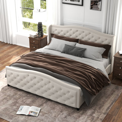 Kassaia Velvet Upholstered Metal Nail Trim Platform Bed with Tufted Headboard and 4 Drawers