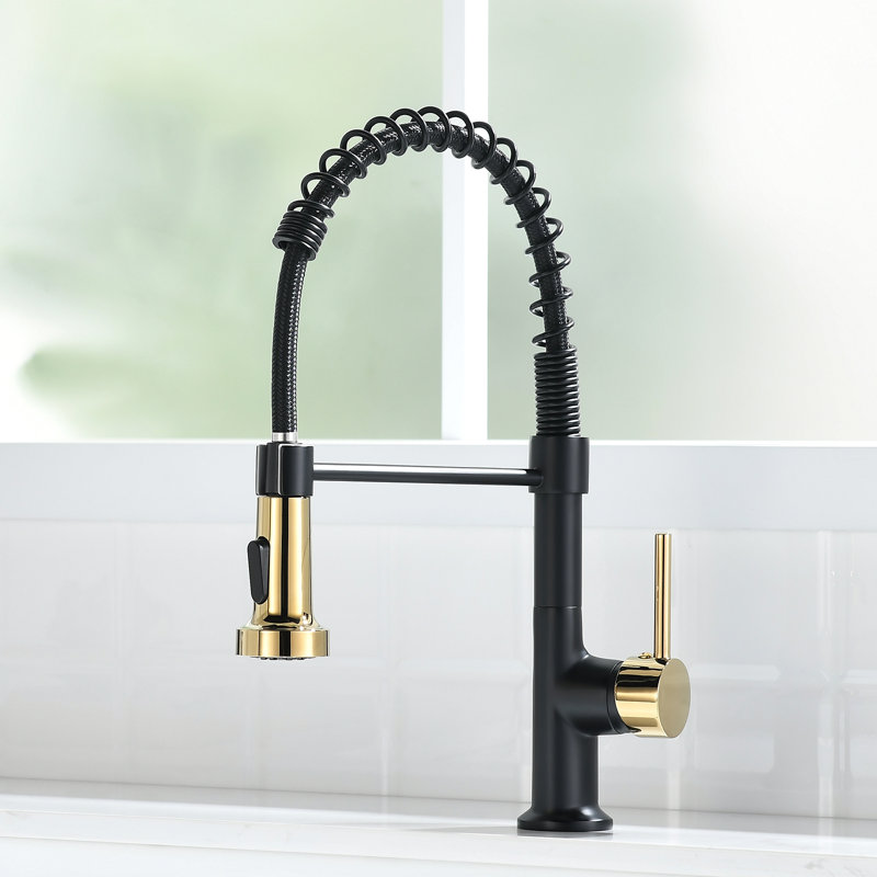Clihome Pull Down Kitchen Faucet, Black/Gold