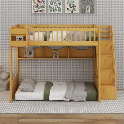 Queen Size Loft Bed With Staircase, Wood Bunk Bed Frame With Wardrobe And Storage Shelves