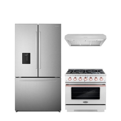 Cosmo 3 Piece Kitchen Appliance Package with French Door Refrigerator , 36'' Gas Freestanding Range , and Under Cabinet Range Hood -  COS-4PKG-1120