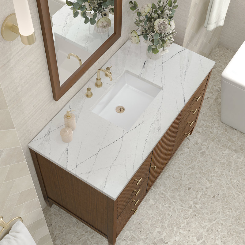 Myrrin 48'' Single Bathroom Vanity with Top, Mid-Century Walnut, Ethereal Noctis, 8" Widespread
