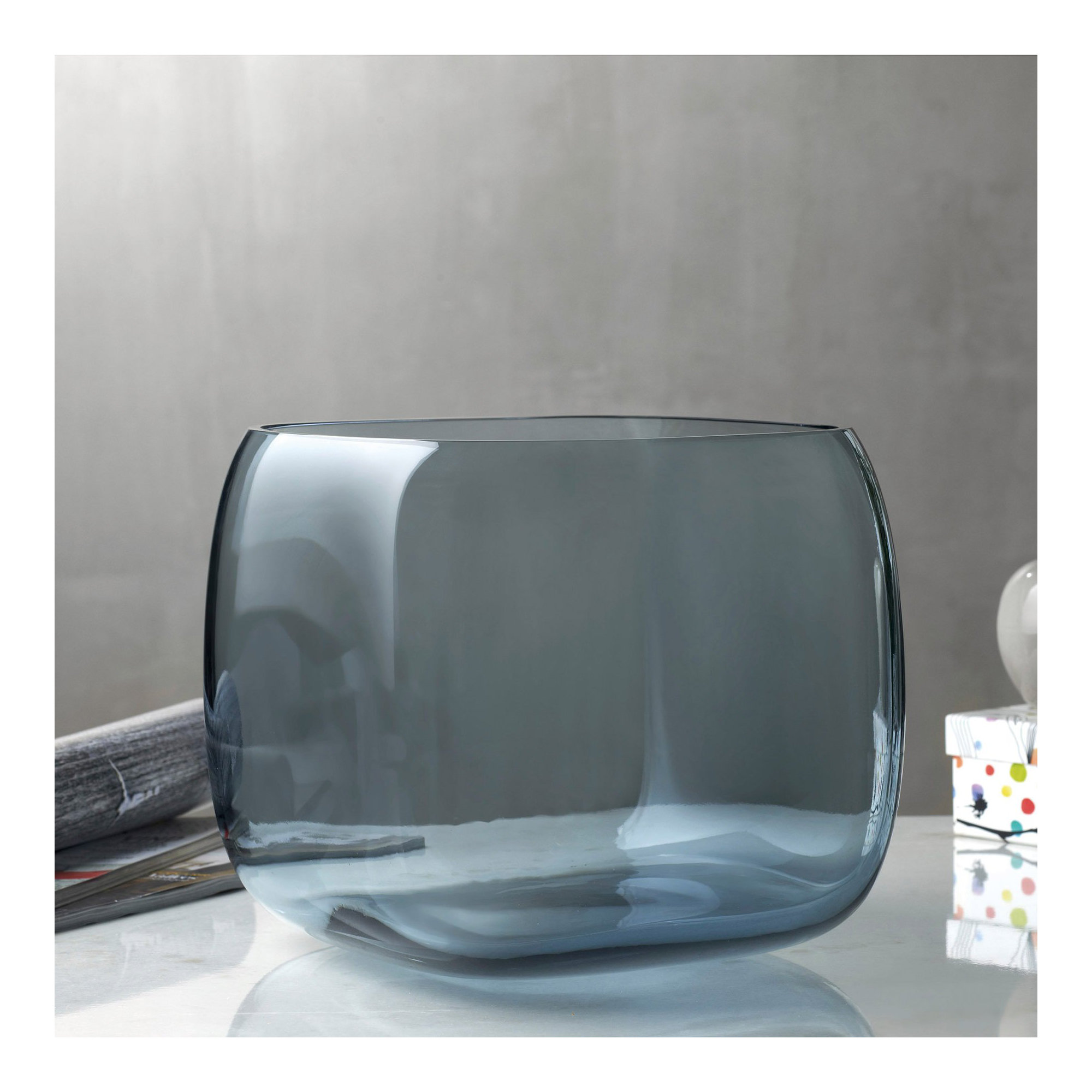 Mono Box Handmade Lead Free Crystal Table Vase, 8.97" H x 9.84" W x 9.84" D, Steel Blue