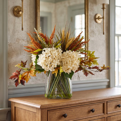 Fall Centerpiece with Hydrangeas and Maple Leaves