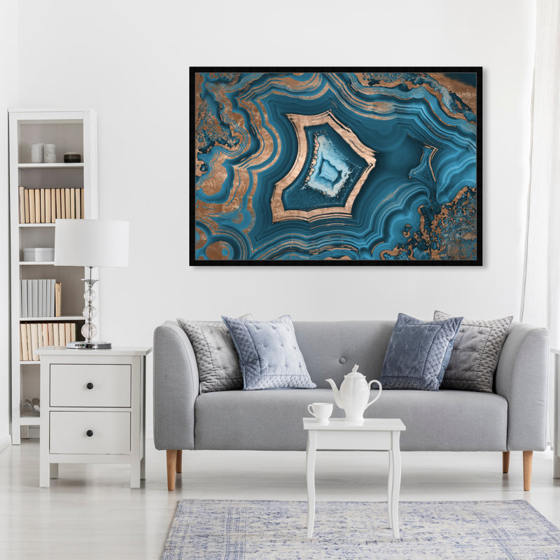 «Blue Abstract Geode» par Oliver Gal - reproduction, Cadre noir, H 38 po x l 38 po