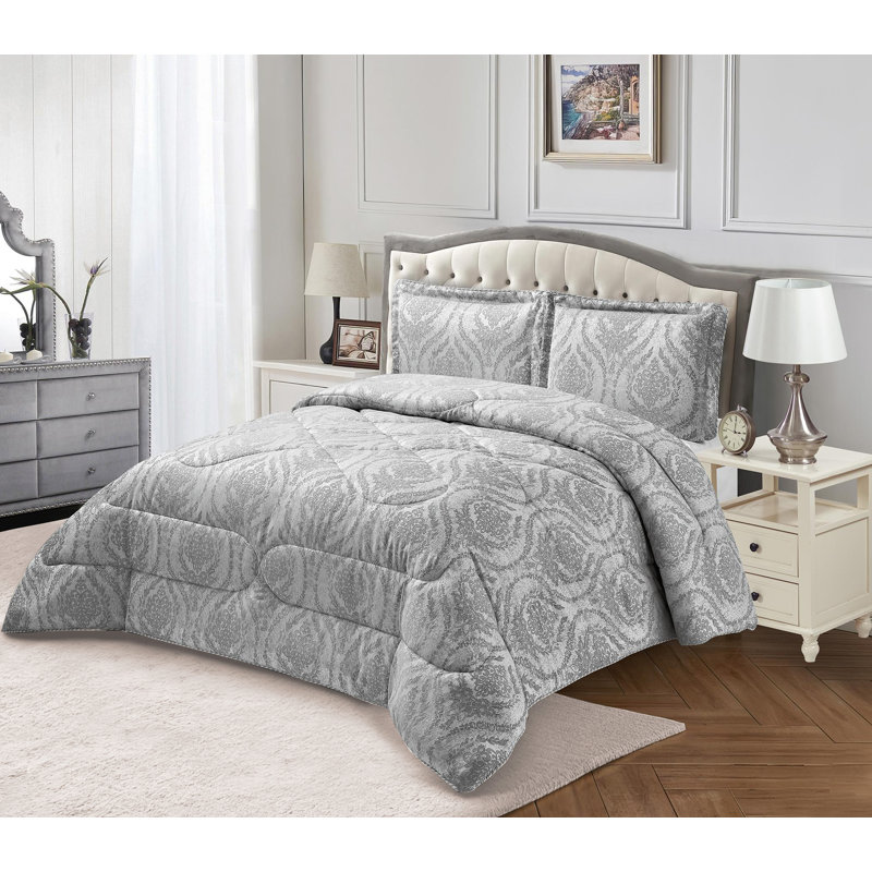 Gina Polyester Damask Bedspread with Pillow Shams, 220 x 240 cm Bedspread - 2 Pillowcases, Silver
