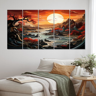 «China Dragons Landscape», impression d'art mural chinois - 5 panneaux égaux