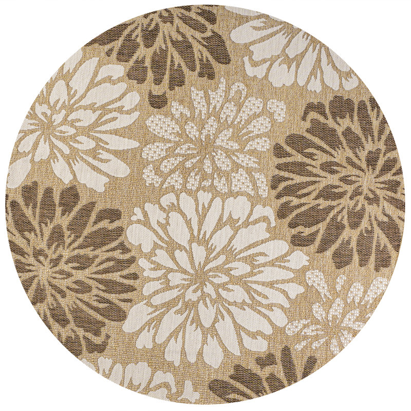 Zinnia Modern Floral Textured Weave Brown/Cream Indoor/Outdoor Rug, Round 9'