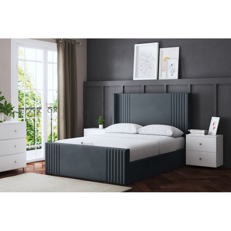 Elara Winged Ottoman Panel Bed with Headboard, Double (4'6), Grey