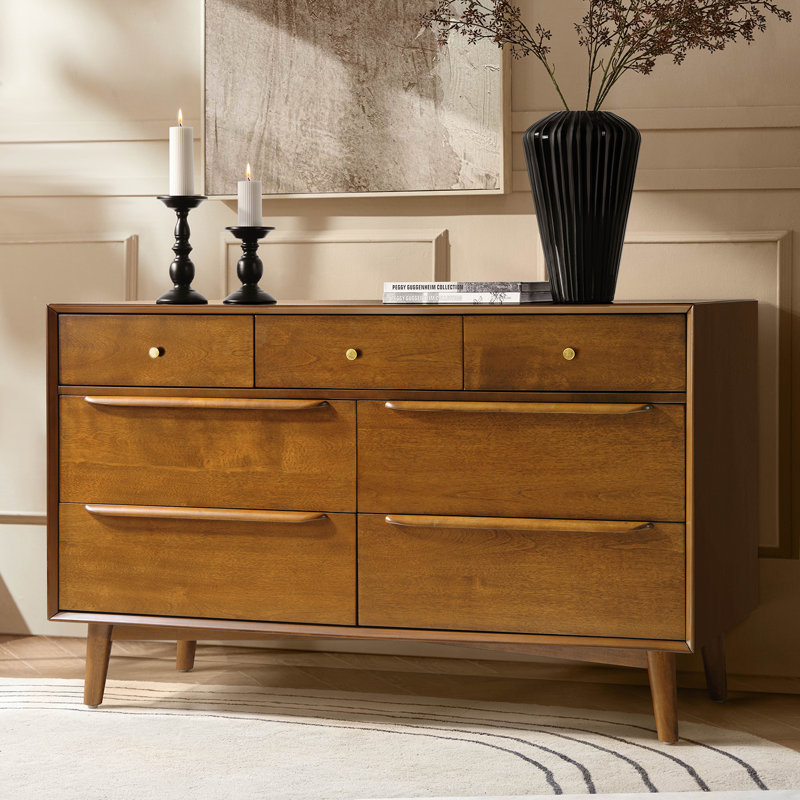 Aviannah Clegg 52'' W Mid-Century 7 - Drawer Dresser with Solid Wood Legs and Built-in Drawer Dividers, Acorn
