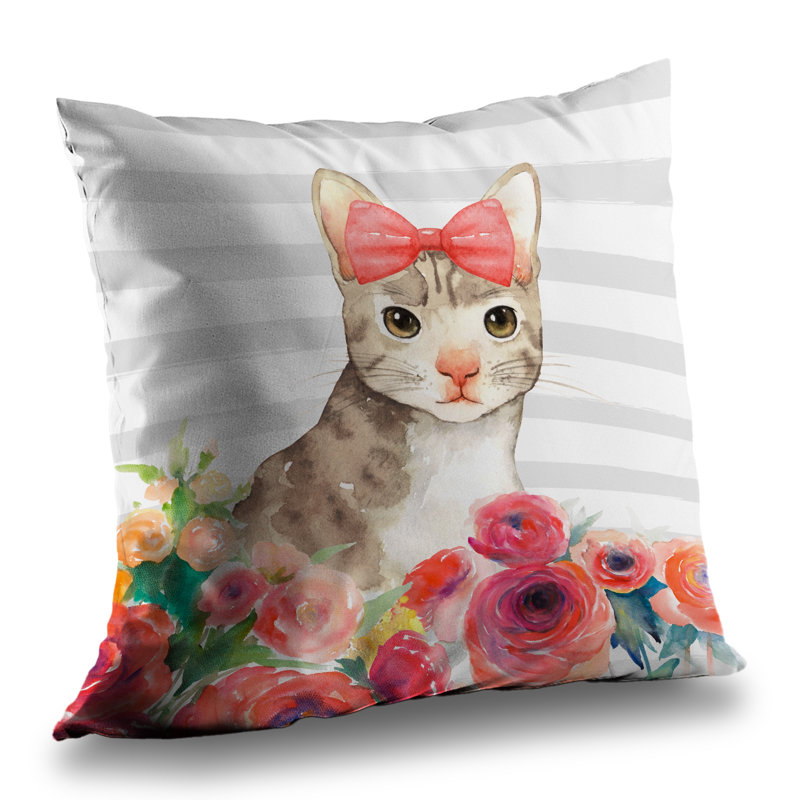 Small Cat with Flowers - Beige – Throw Pillow Cover Only, Double-Sided Print, Insert Not Included