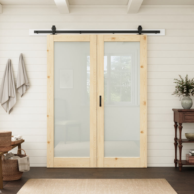 Porte en pin massif avec vitrage dépoli, 60 po x 80 po, et quincaillerie pour portes pliantes de style grange, idéale pour le garde-manger et le placard.