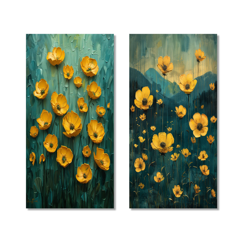 Jaune et bleu, jaune, bouton d'or, pré II - botanique, impression murale en métal 2 pièces, H 32 po x l 32 po