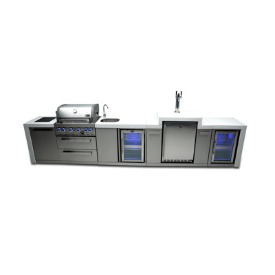 Mont Alpi Premium 168"w X 23"d X 55"h Deluxe Stainless Steel Outdoor Kitchen Island With Fridge Faucet & Sink Combo + Kegerator Beer Dispenser + 32"w 4-burner Bbq Grill + Granite Countertops + Storage + Cover + Natural Gas Convertible + Lifetime Warranty