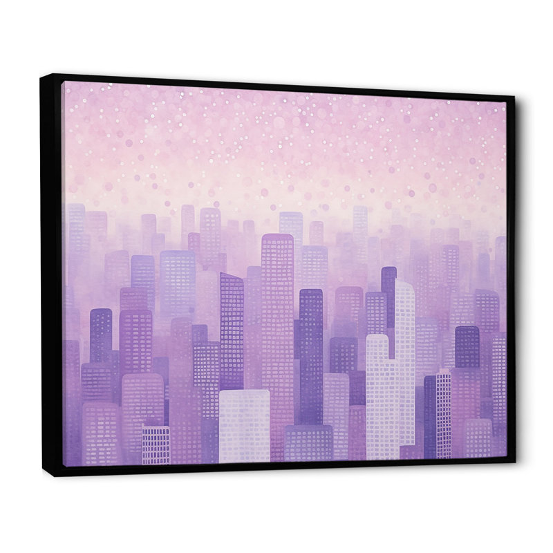 «Lilac Layers Skyscrapers», horizon urbain sur toile, Cadre flottant noir, 16" H x 32" W