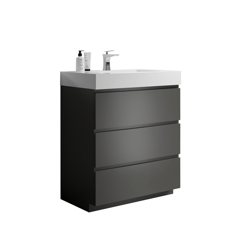 Meuble-lavabo de salle de bain autoportant avec grand lavabo et rangement, Blanc, Gris