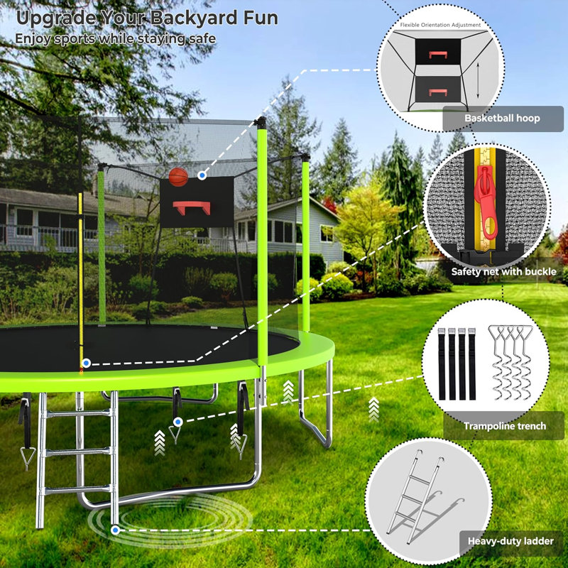 Sapphome Round Backyard Trampoline with Safety Enclosure, Green