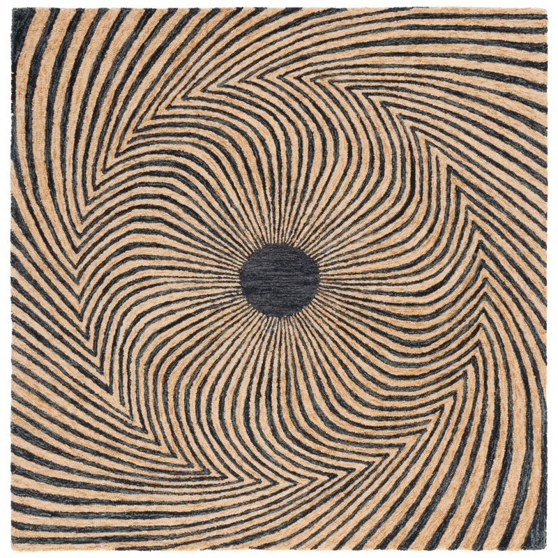 Tapis noir / doré en laine / coton / latex touffeté à la main Semas, Carré 6 pi