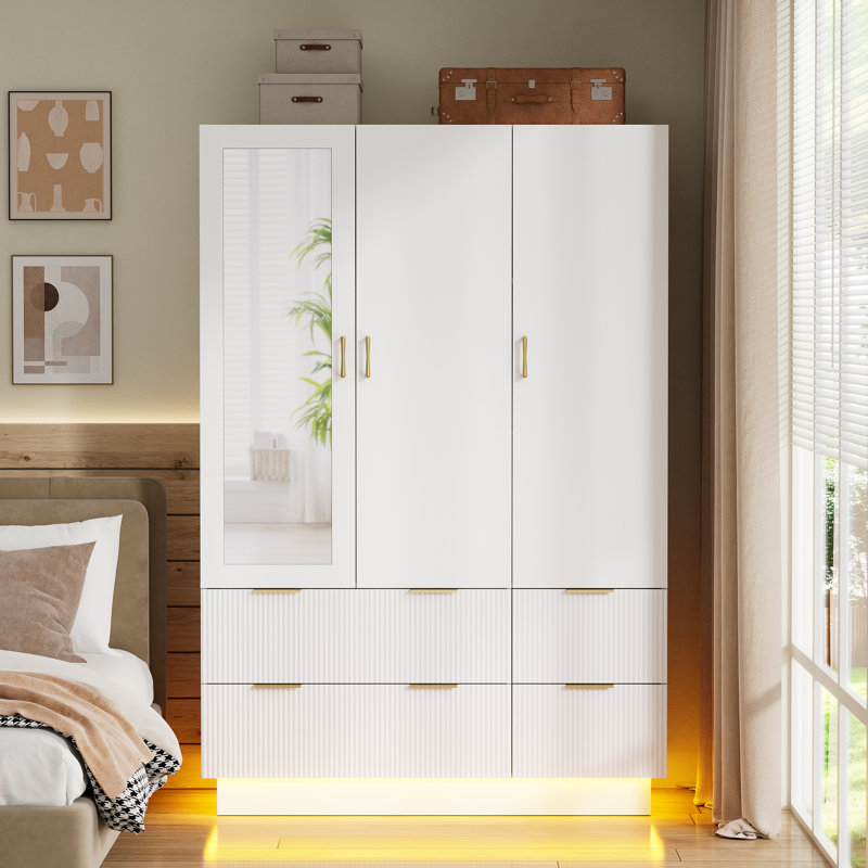 Armoire 3 portes avec miroir, lumières DEL, 4 tiroirs, tringle et tablettes réglables, armoire de rangement spacieuse en bois