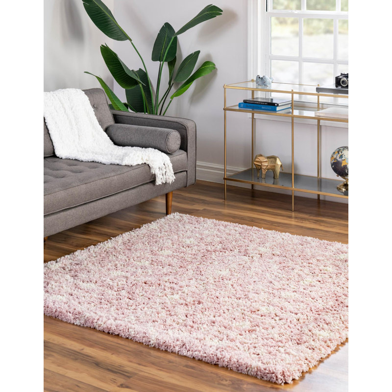 Tapis rose clair en polypropylène tissé à la machine à motif géométrique Griego, Carré 10 pi