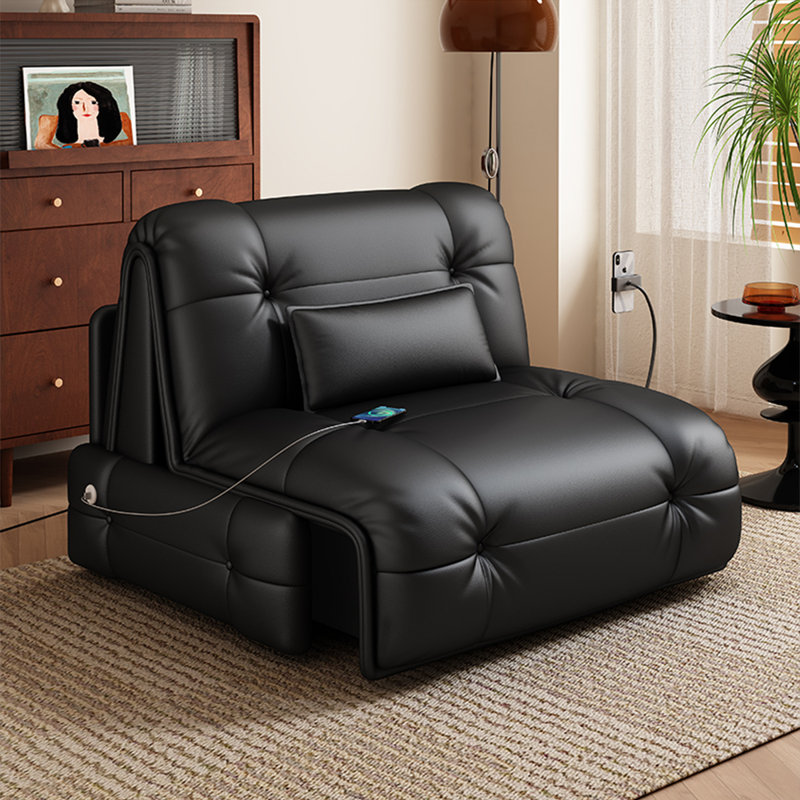 Canapé-lit modulaire en similicuir noir avec rangement et ports de chargement USB intégrés