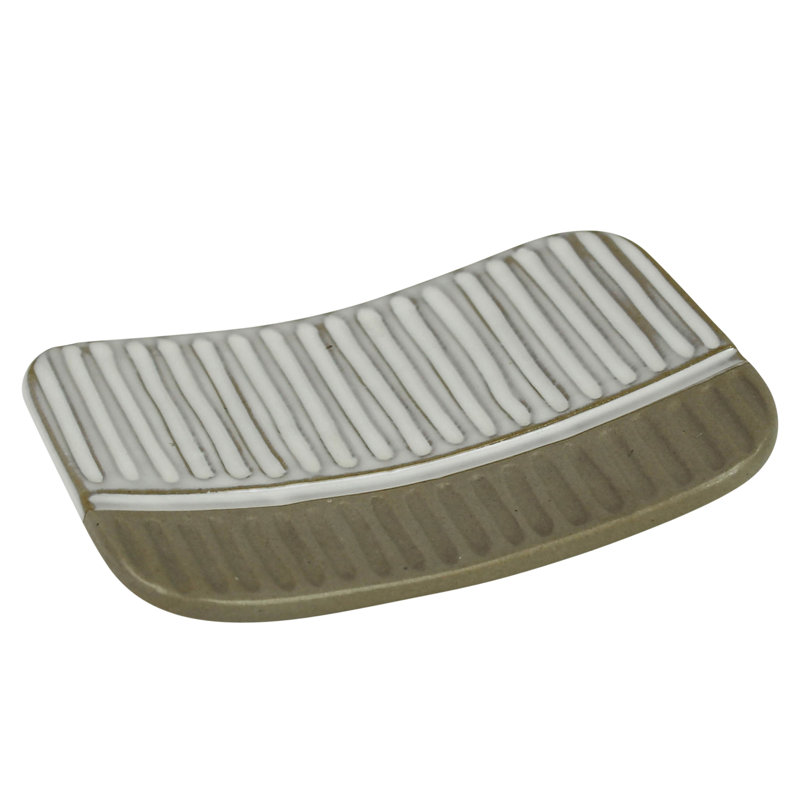 White and Beige Ceramic Linear Pattern Soap Dish