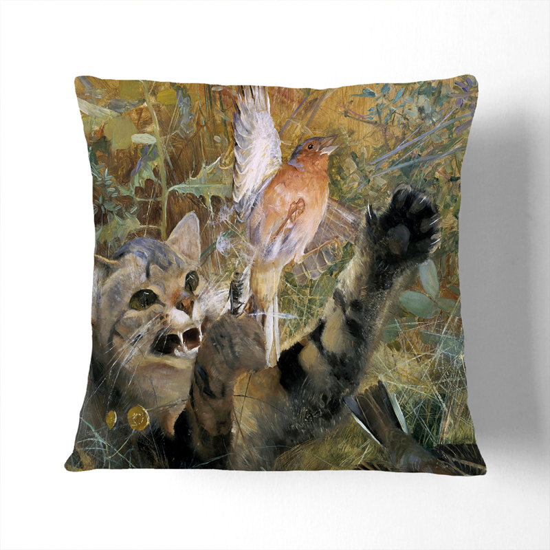 A Cat And A Chaffinch Bird Square Throw Cushion, 40cm H x 40cm W x 15cm D, Black