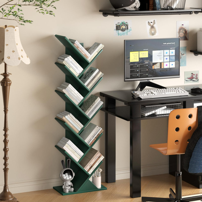 10 Tier Tree Book Shelf, Floor Standing Wood Bookshelf for Narrow Space, Storage Organizer Bookshelves for Books/CDs/Magazine, Bookcase with Shelves for Home Office, Living Room