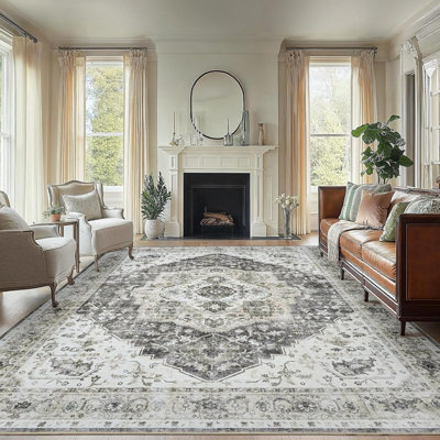 Area Rug, Washable Low-Profile  Area Rug With Non-Slip Backing & Durable Edge Binding, Vintage  Rugs For Living Room, Bedroom