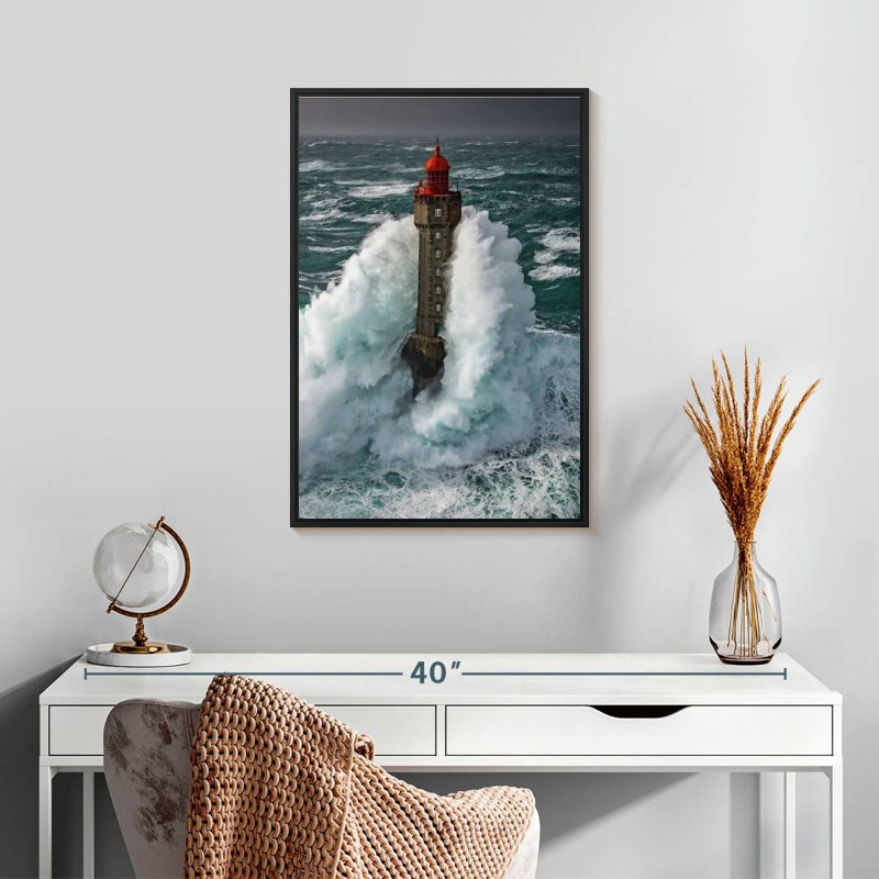 Tempête au phare de La Jument, Cadre flottant noir, 17 po x 25 po