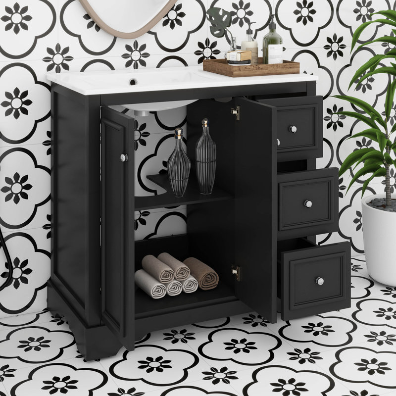 Meuble-lavabo de 36 po avec lavabo en céramique, armoire de rangement de salle de bain avec 2 portes à fermeture douce, 3 tiroirs et une tablette réglable en forme de U