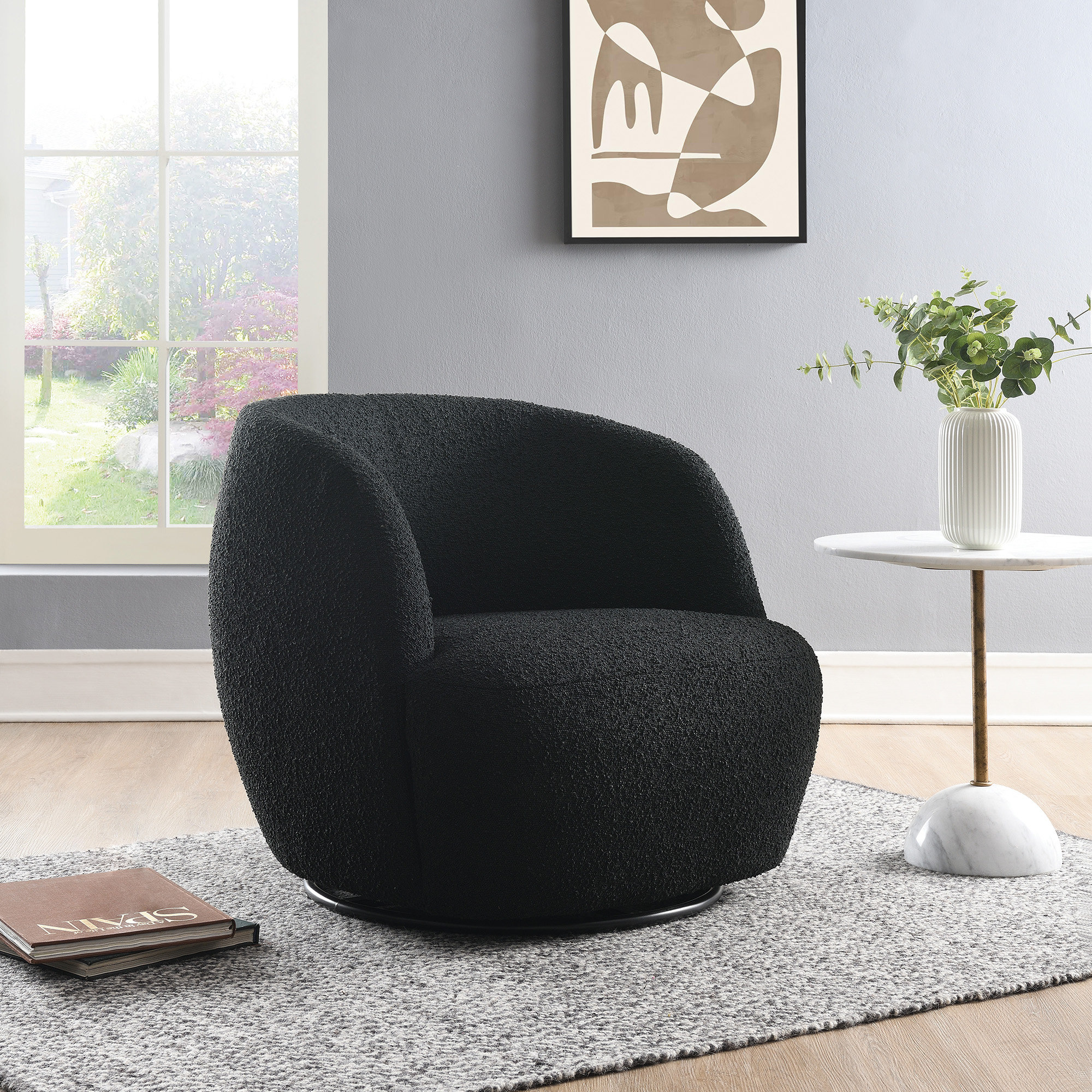 Claire Boucle Swivel Accent Chair, Black Polyester