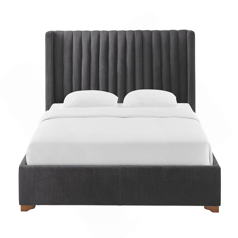 Lit plateforme tapissier avec tête de lit, Noir, noir, noir, noir, Lit double