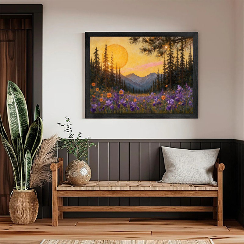 «Moonlit Pine Forest», encadré noir, pleine lune, peinture de champ de fleurs sauvages, art mural paysage nature Moody Mystical
