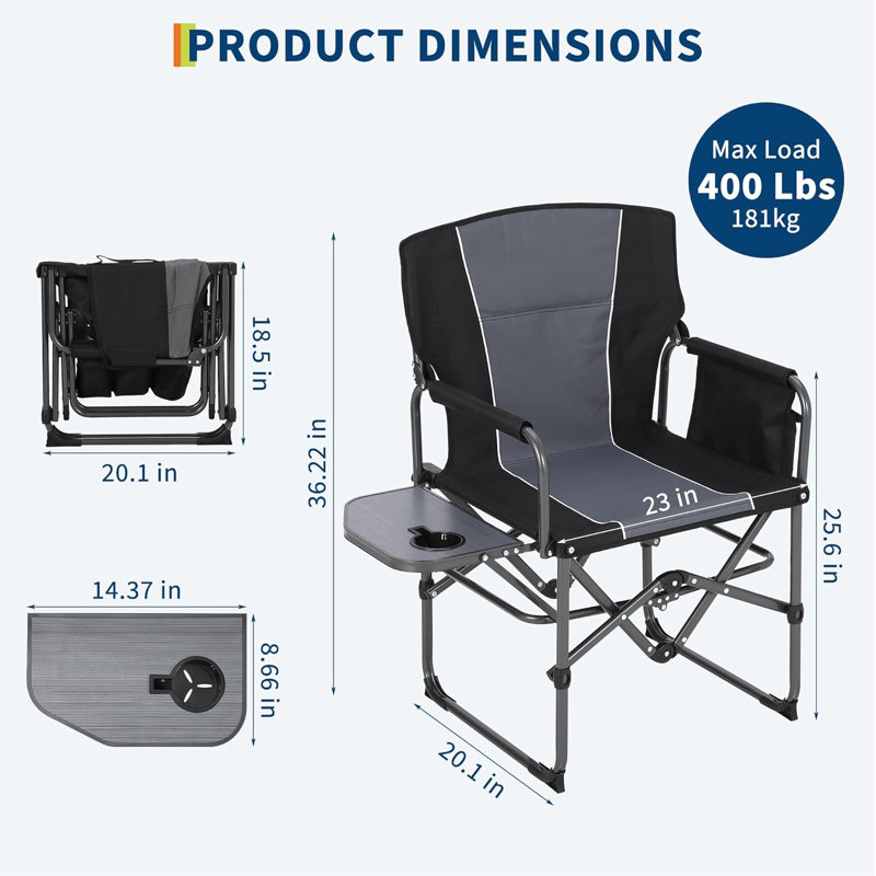 Oversized Folding Director's Chair with Side Table and Storage Pocket, Lightweight Aluminum Frame for Outdoor Camping and Events