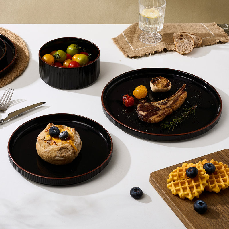 Service de table 12 pièces Star Porcelain, blanc, Noir lustré