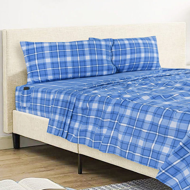 Full Dark Blue Plaid Cotton Flannel Deep Pocket Sheet Set