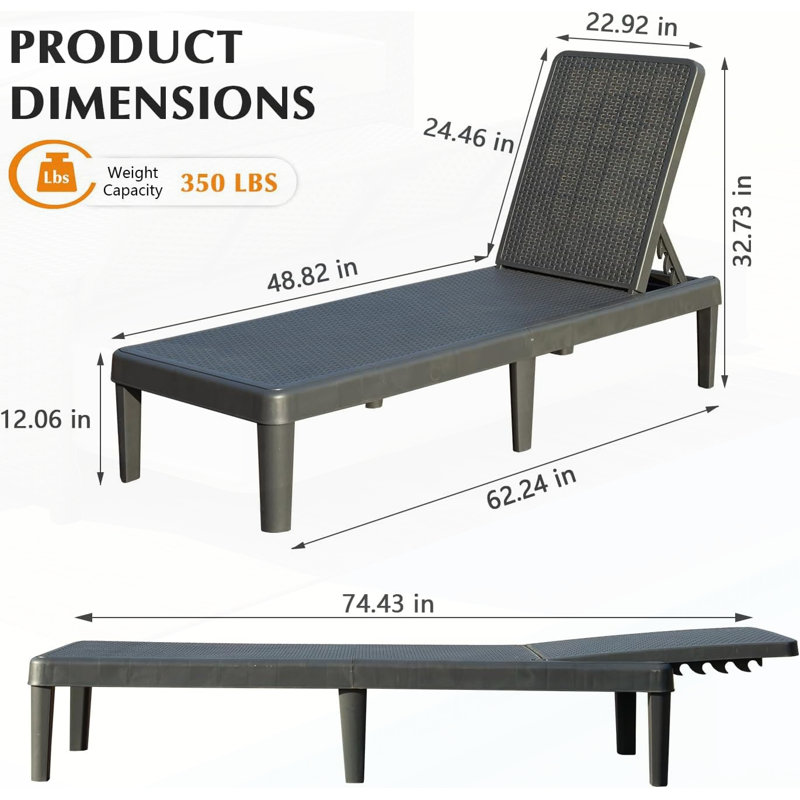 Set Of 2 Pool Lounge Chairs, 6-Position Adjustable Backrest, Resin Waterproof Chaise For Patio, Garden, And Deck, Gray