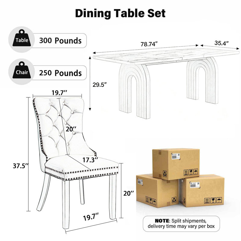 Ensemble de table et de chaises de salle à manger rectangulaire avec 6 à 8 chaises rembourrées en velours, style ferme moderne