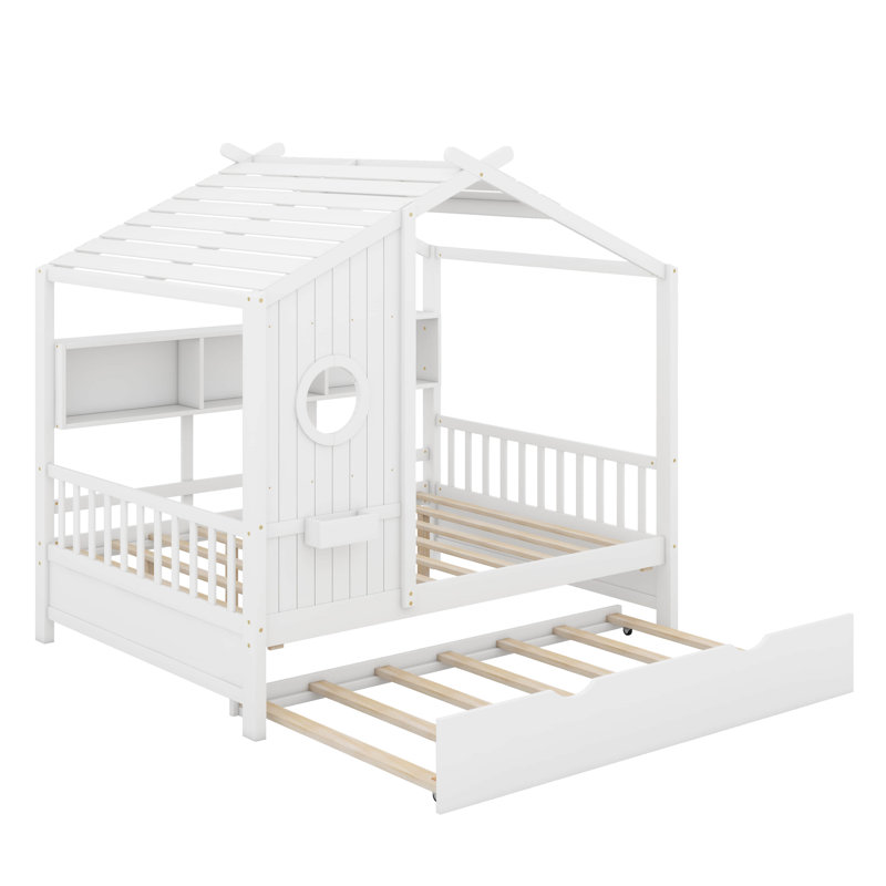 Lit double en bois avec lit gigogne, Lit double, Blanc