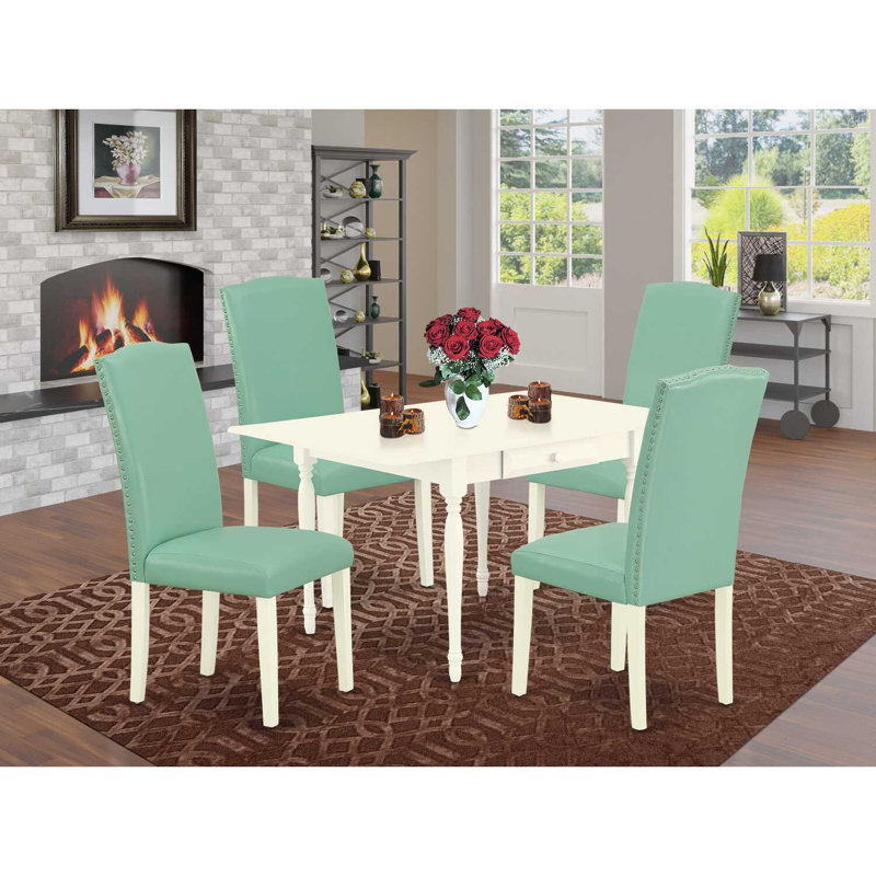 5 Piece Dining Table Set for 4 Includes a Rectangle Kitchen Table with Dropleaf and 4 Pond Faux Leather Upholstered Parson Chairs, Linen White