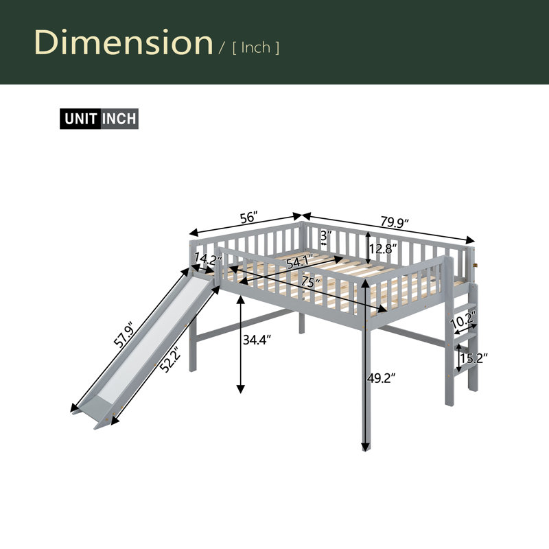 Lit mezzanine double pleine grandeur avec échelle et glissade, Gris