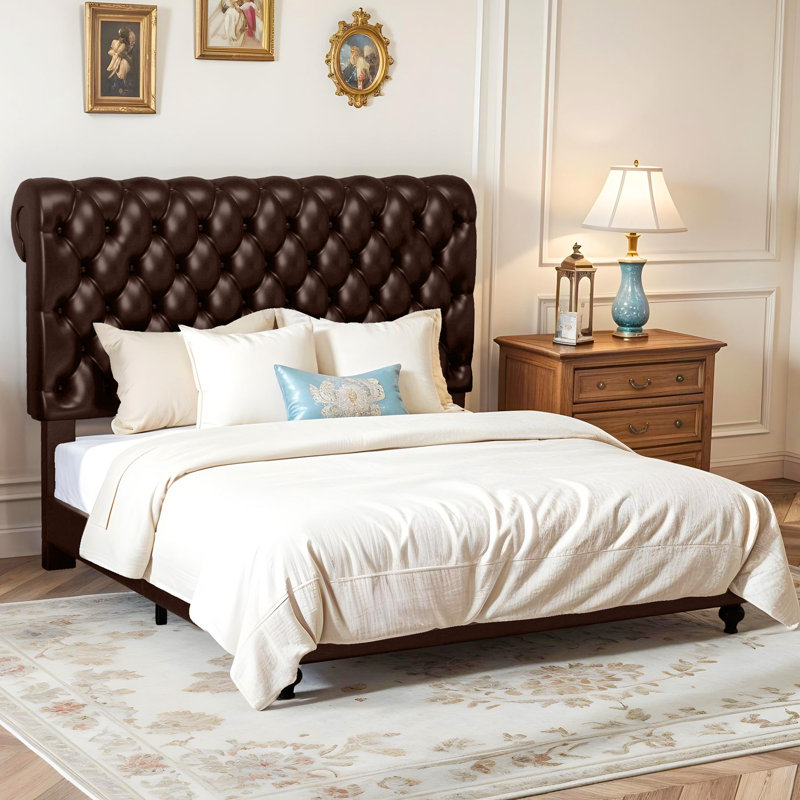 PU Leather Upholstered Sleigh Bed, King, Brown