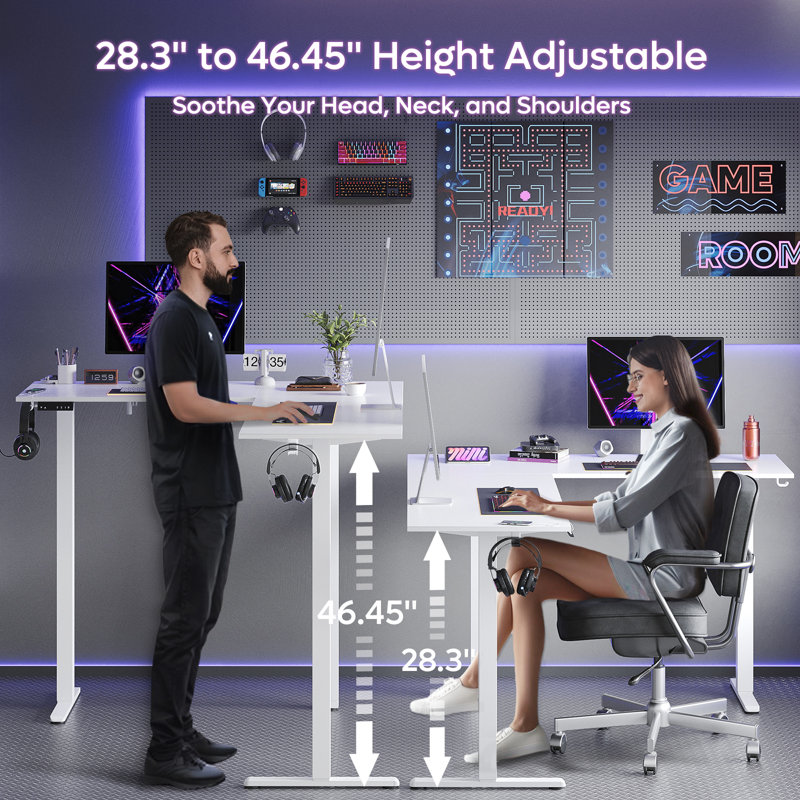 Monike 63" L Shaped Gaming Desk with Power Outlet, Height Adjustable Standing Desk, White