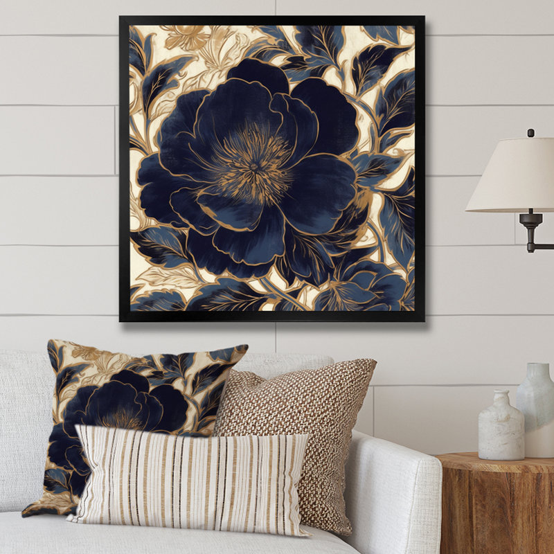 «Blue Gold Pe pivons Celebration IV», art mural encadré pivoines, Cadre photo noir, H 16 po x l 16 po x P 1 po